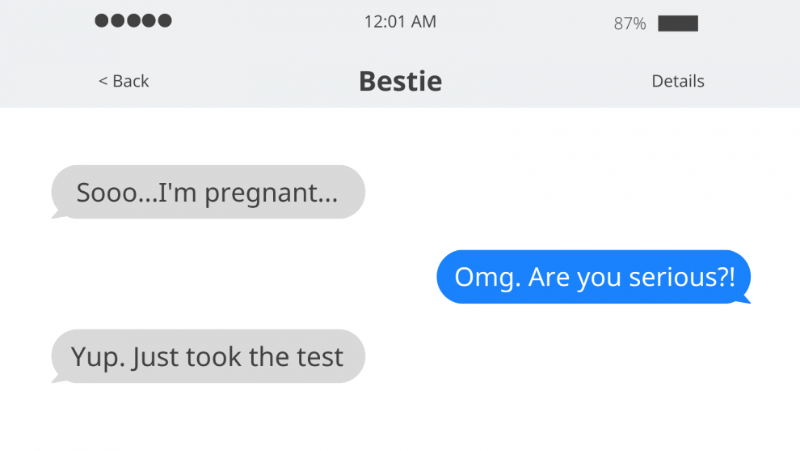 Smartphone screen showing a text conversation where one person announces they are pregnant.